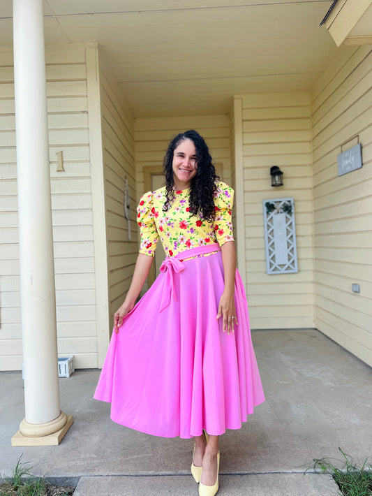 Leila Midi Floral Dress Yellow Pink